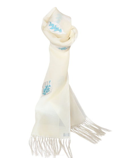 Silk Organza Scarf - Leaf Pattern (White)